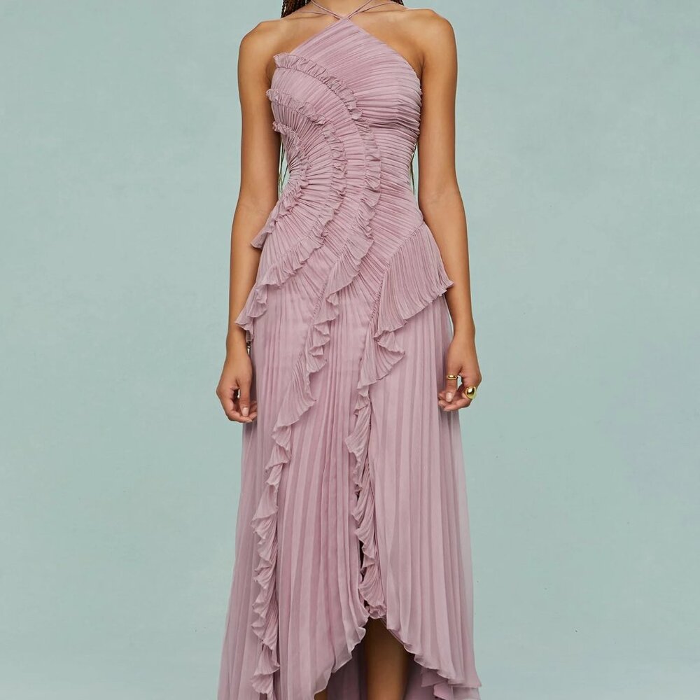 Lotus Pink Backless Halter Dress with Pointed Collar in Size S - Viva Estel